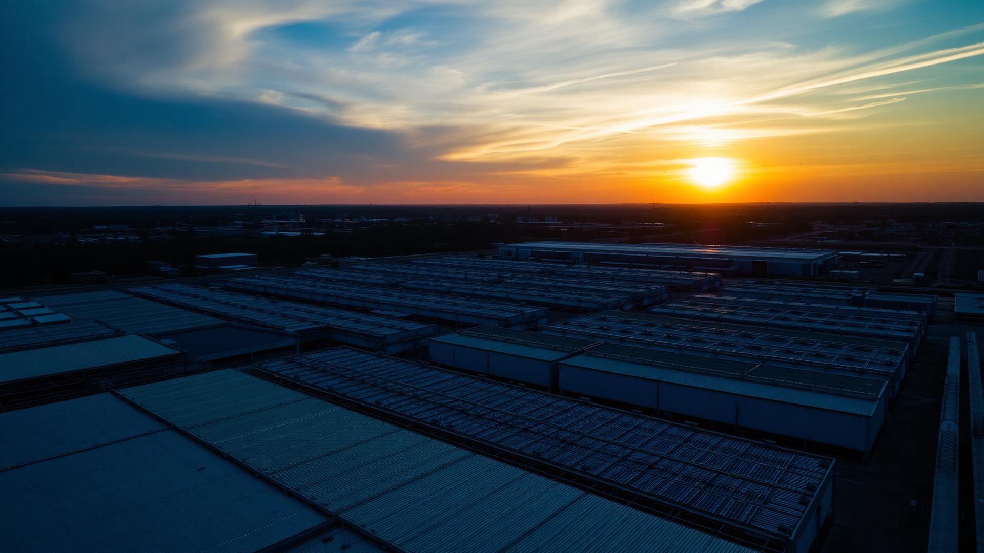 Vista aérea de complexo industrial ao pôr do sol